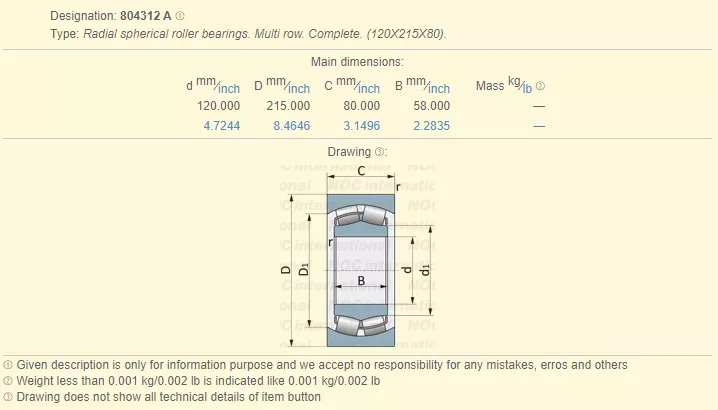 Radial Spherical Roller Bearings 804312 type 1